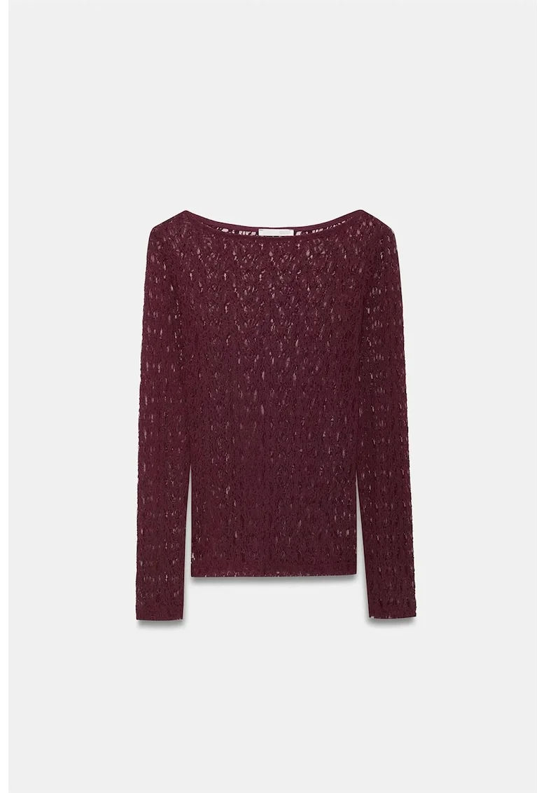 Bluza dama,  Bluza Slim Fit cu guler barca si dantela, Rosu Burgundy, 92% poliamida, 8% elastan