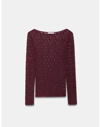 Bluza dama,  Bluza Slim Fit cu guler barca si dantela, Rosu Burgundy, 92% poliamida, 8% elastan