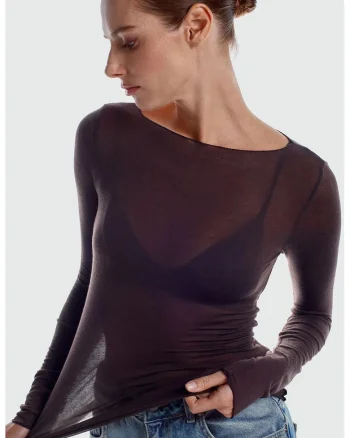 Bluze dama,  Bluza tricotata Slim Fit, guler barcuta, maneca lunga, maro mocha inchis