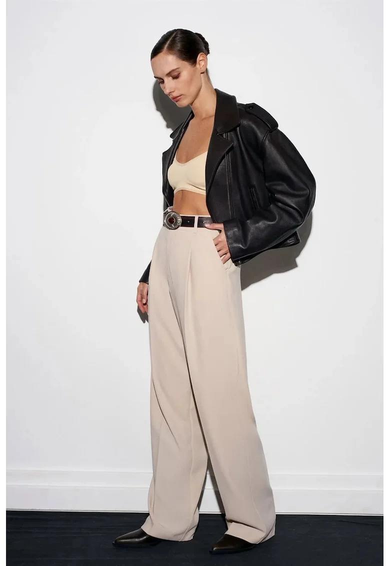 Pantaloni dama,  crepe, talie inalta, croiala larga, bej natural