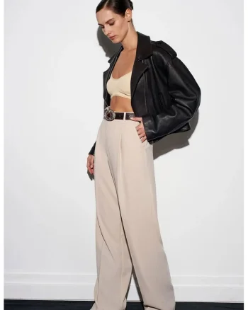 Pantaloni dama,  crepe, talie inalta, croiala larga, bej natural