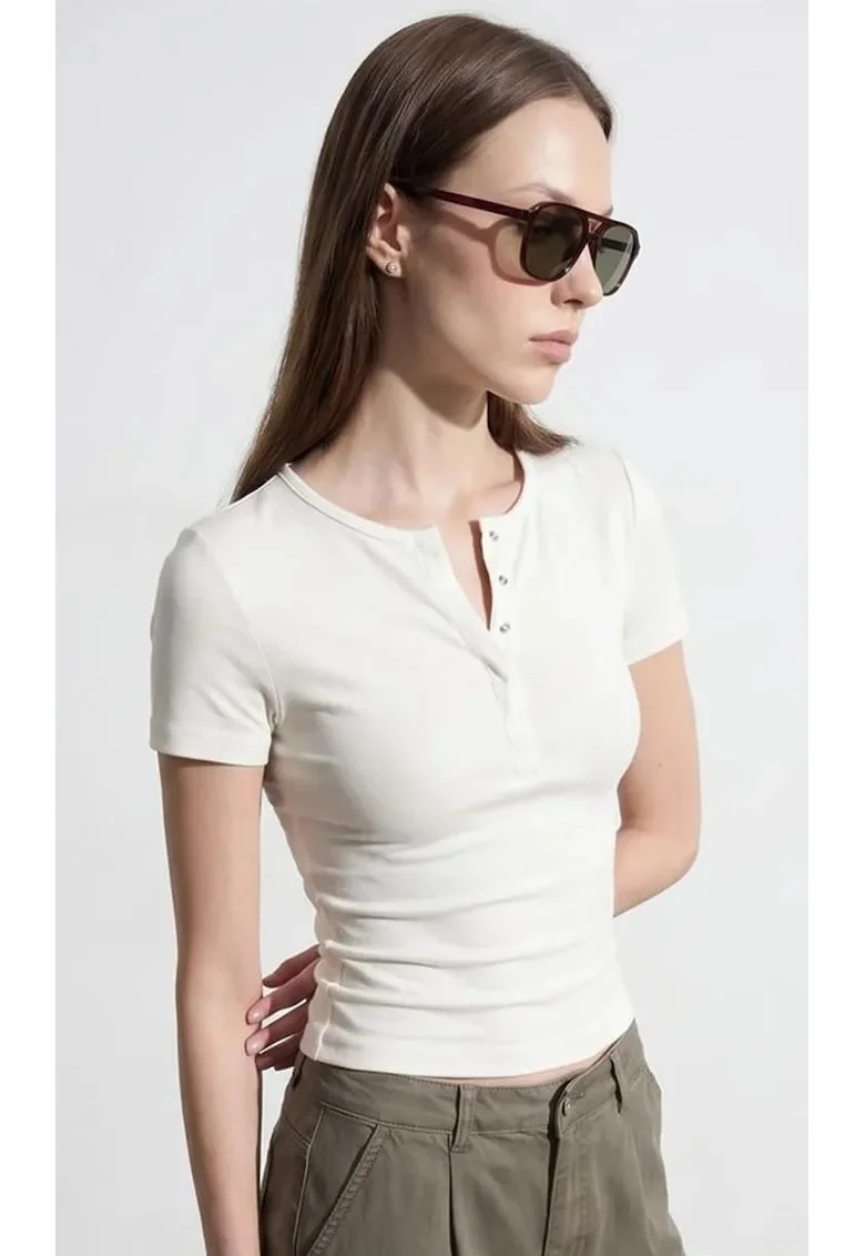 Tricou  Crop Slim Fit, maneci scurte, crem natural, bumbac-modal-elastan