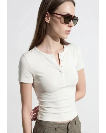 Tricou  Crop Slim Fit, maneci scurte, crem natural, bumbac-modal-elastan