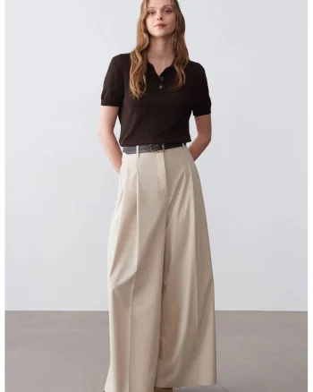 Pantaloni dama,  talie inalta, croiala larga, bej natural, crep,