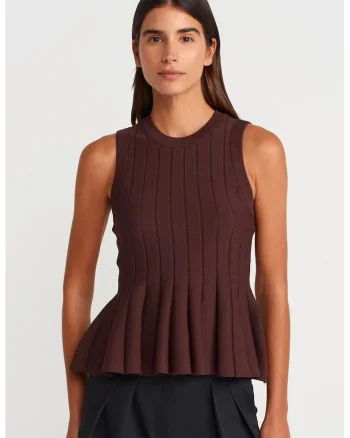 Bluza dama,  fara maneci, volane, maro castaniu, tricot mediu,