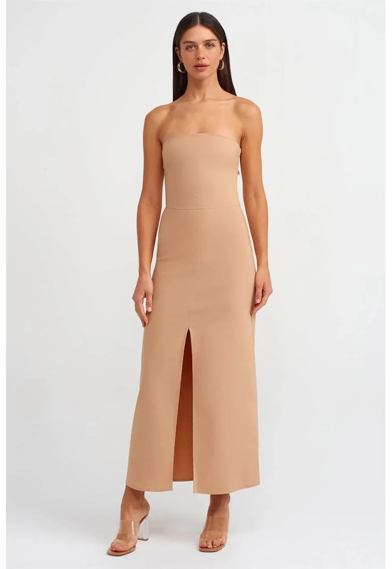 Rochie Midi,  Stramta, Bej Natural, Fara Bretele, Cu Slit, Bumbac, Poliamida, Elastan