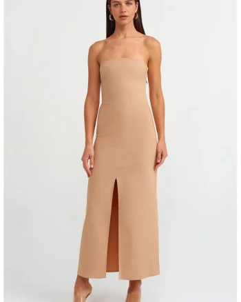Rochie Midi,  Stramta, Bej Natural, Fara Bretele, Cu Slit, Bumbac, Poliamida, Elastan