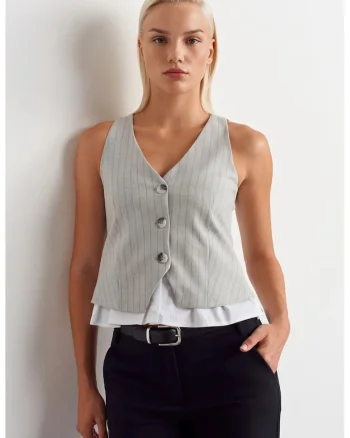 Vesta scurta,  gri deschis, casual, poliester-viscoza-elastan