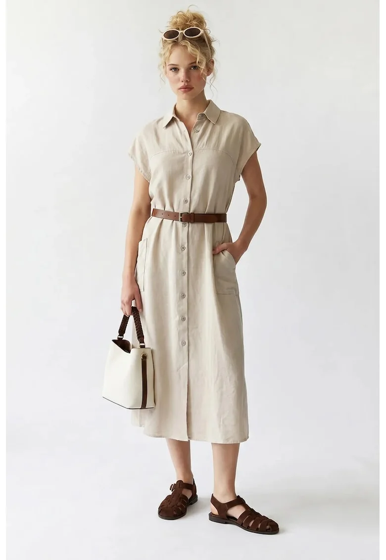 Rochie Camasa Midi cu Cordon,  Bej Natural, Casual, 100% poliester
