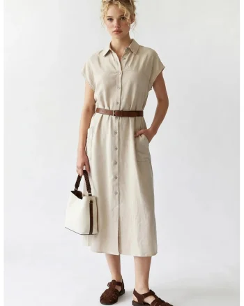 Rochie Camasa Midi cu Cordon,  Bej Natural, Casual, 100% poliester
