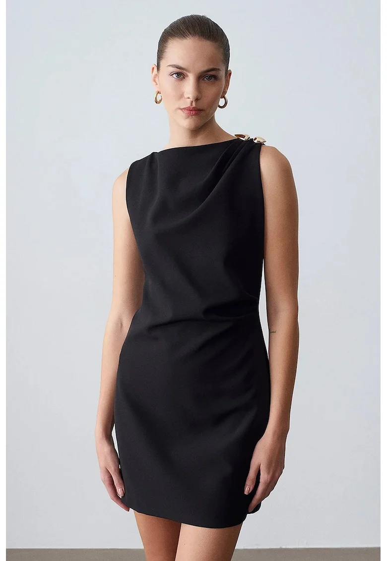 Rochie mini,  eleganta, neagra, crep, fara maneci, fermoar