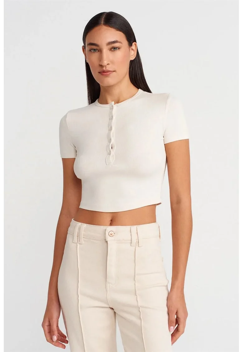 Tricou crop  slim fit, cu nasturi, natural, amestec viscoza-elastan