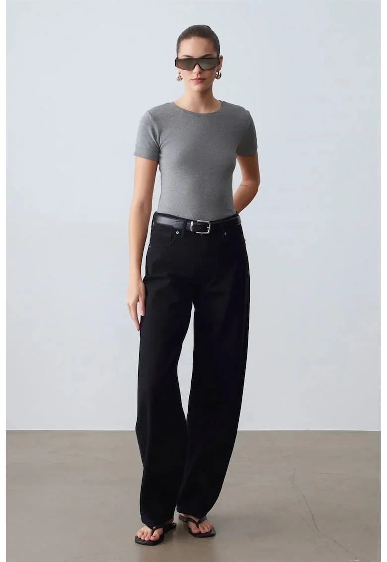 Tricouri dama,  tricou cu guler rotund, slim fit, gri, 57% bumbac, 38% modal, 5% elastan