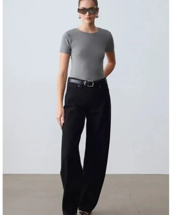 Tricouri dama,  tricou cu guler rotund, slim fit, gri, 57% bumbac, 38% modal, 5% elastan