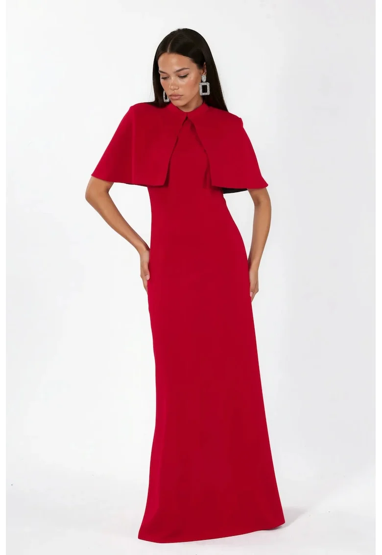 Rochie Maxi,  guler rotund, fermoar, rosu, poliester-elastan