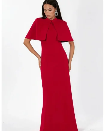 Rochie Maxi,  guler rotund, fermoar, rosu, poliester-elastan