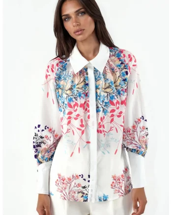 Camasa casual,  croiala regular-fit, imprimeu floral, multicolor, poliester si lycra