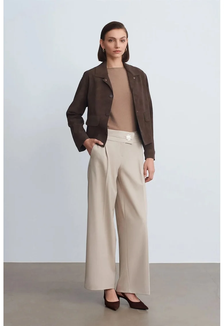 Pantaloni dama,  Crep cu talie inalta, casual, piatra naturala, 63% poliester