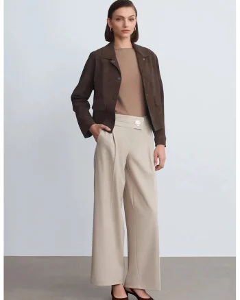Pantaloni dama,  Crep cu talie inalta, casual, piatra naturala, 63% poliester