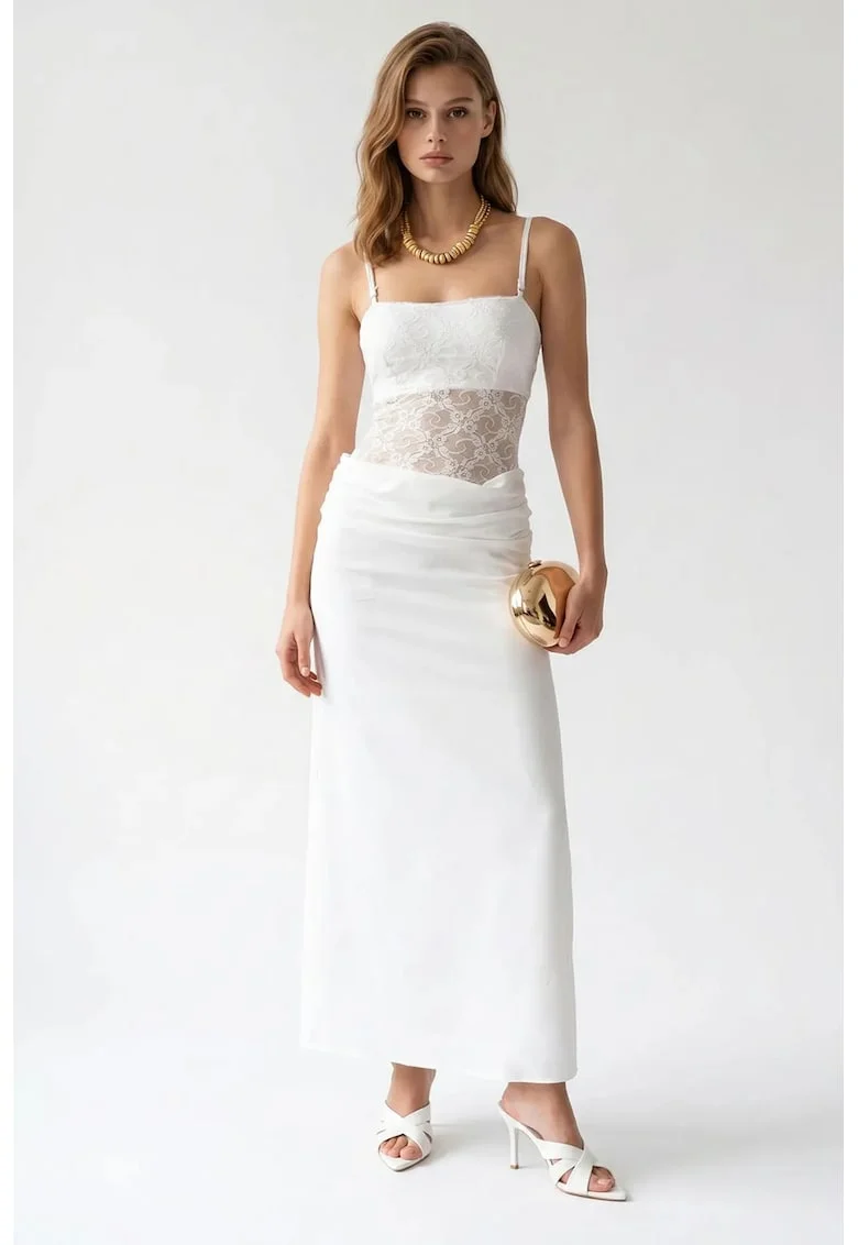 Rochie Maxi,  Satin, Alb, Fara Maneci, Decolteu Patrat, Dantela