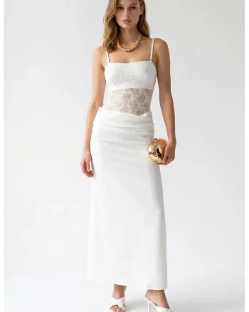 Rochie Maxi,  Satin, Alb, Fara Maneci, Decolteu Patrat, Dantela