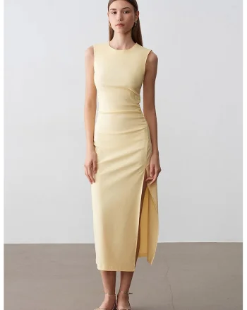 Rochie Midi,  Mulata, Fara Maneci, Galben Lamaie, Viscoza