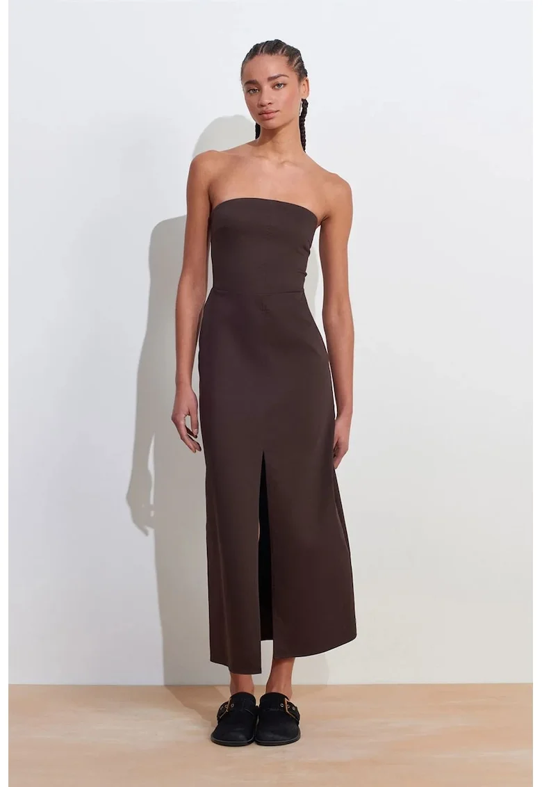 Rochie Midi  Fara Bretele cu Slit, Maro Cafea, Bumbac, Poliamida, Elastan