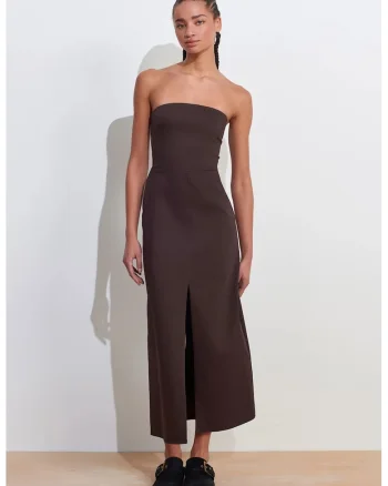 Rochie Midi  Fara Bretele cu Slit, Maro Cafea, Bumbac, Poliamida, Elastan