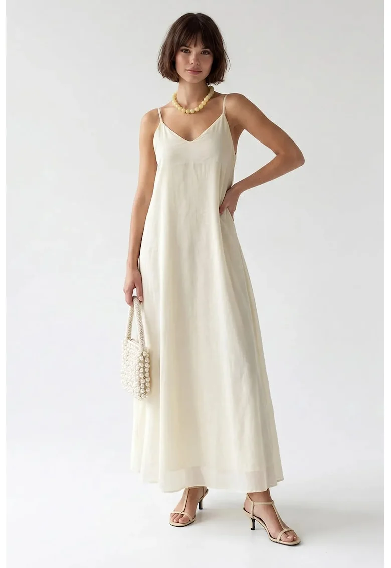 Rochie Maxi,  A-line, decolteu in V, crem, lyocell si poliester