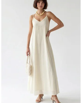 Rochie Maxi,  A-line, decolteu in V, crem, lyocell si poliester