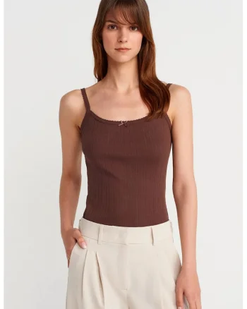 Bluza dama,  Top Cami Slim Fit, casual, maro castaniu, 100% bumbac