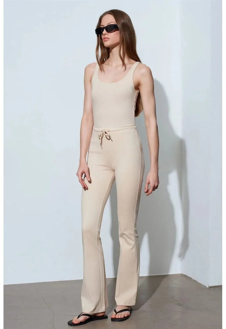 Pantaloni dama,  Flare, casual, bej natural, jerseu cu snur