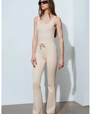 Pantaloni dama,  Flare, casual, bej natural, jerseu cu snur
