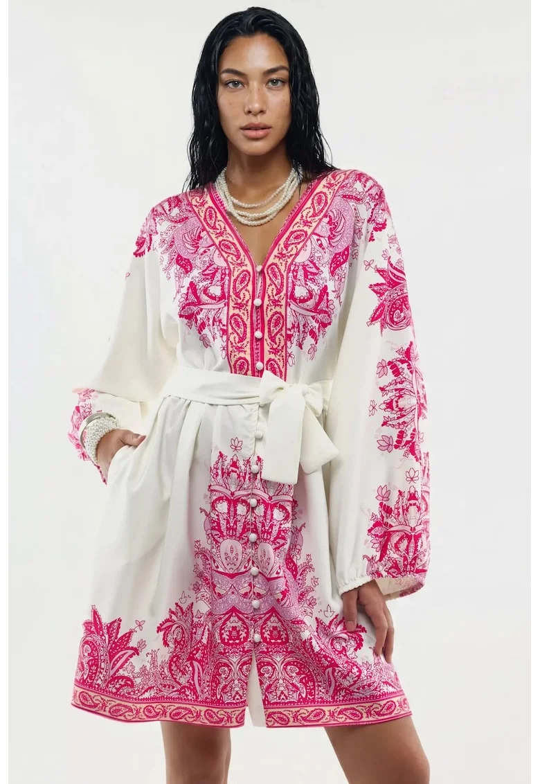 Rochie Mini,  cu imprimeu Paisley, alb, casual, maneca lunga, decolteu in V, cu cordon