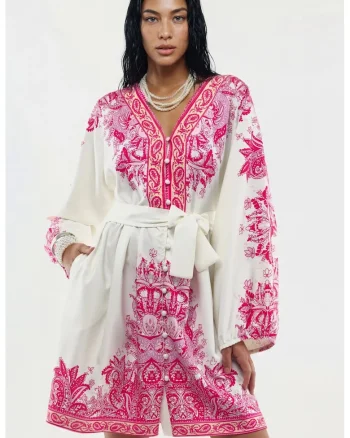 Rochie Mini,  cu imprimeu Paisley, alb, casual, maneca lunga, decolteu in V, cu cordon