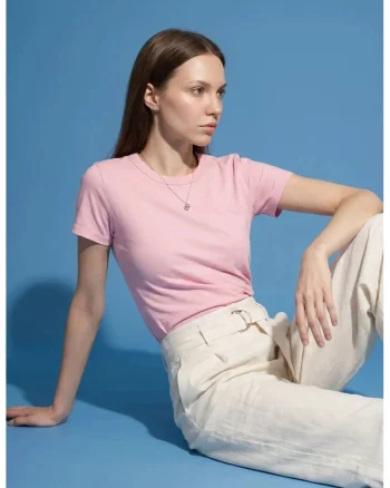 Tricouri dama,  tricou cu guler rotund, roz pudra, fabricat din material de calitate