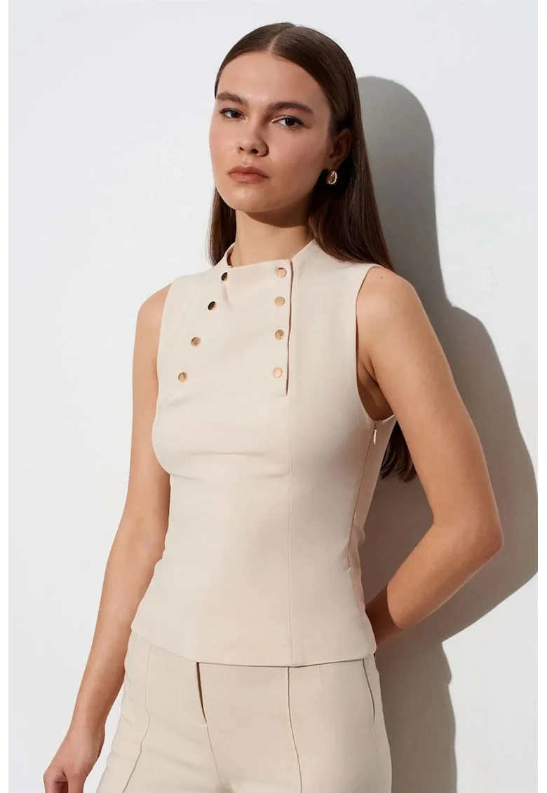 Bluza dama,  Bluza fara maneci, crem natural, poliester-viscoza-elastan
