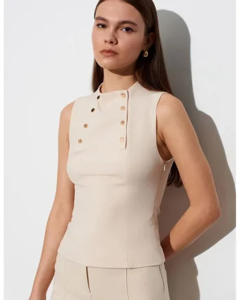 Bluza dama,  Bluza fara maneci, crem natural, poliester-viscoza-elastan