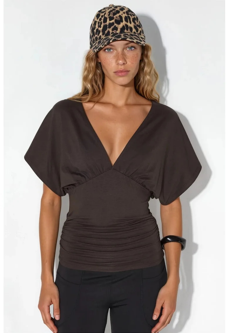 Bluza dama,  din jerseu Slim Fit, Gri antracit, Casual, Fara inchidere, Drapaj, 95% viscoza, 5% elastan