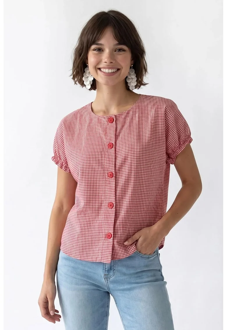 Camasa Femei,  Gingham, rosu, Bumbac|Poliester, Maneci scurte, Regular fit