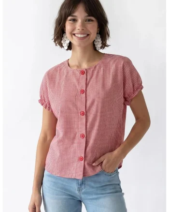 Camasa Femei,  Gingham, rosu, Bumbac|Poliester, Maneci scurte, Regular fit