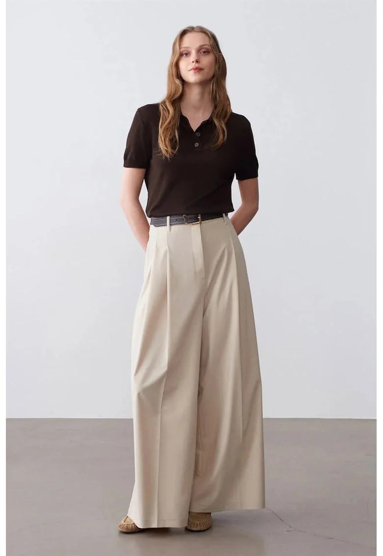 Pantaloni dama,  talie inalta, croiala larga, bej natural, crep,