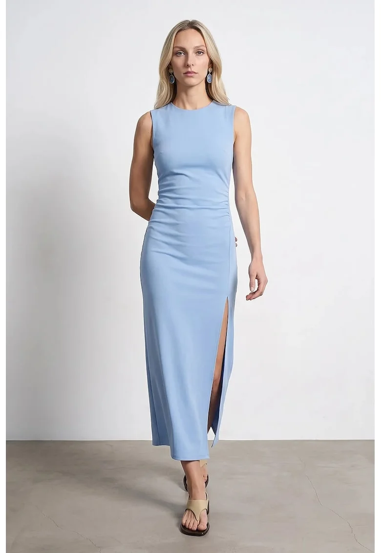 Rochie Midi,  Fara Maneci, Albastru Deschis, Jerseu Elastic