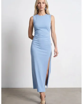 Rochie Midi,  Fara Maneci, Albastru Deschis, Jerseu Elastic