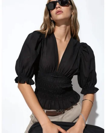 Bluza dama,  cu decolteu in V, volanase, negru, poliester