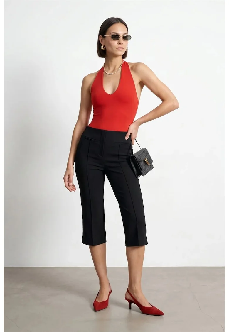 Pantaloni dama,  Capri Cigareta, talie inalta, negru, poliester-viscoza-elastan