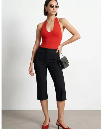 Pantaloni dama,  Capri Cigareta, talie inalta, negru, poliester-viscoza-elastan