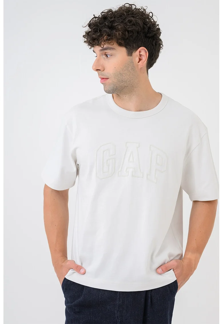 Tricou de bumbac cu imprimeu logo, Alb murdar