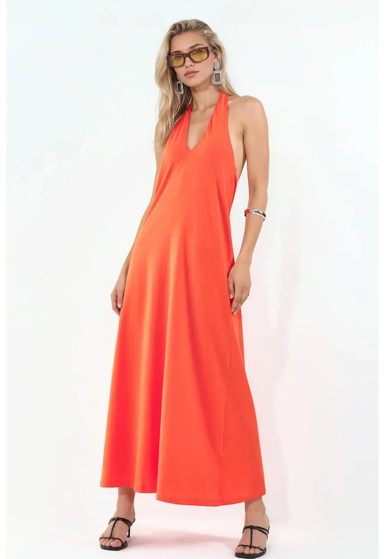 Rochie Midi  bumbac, guler halter, portocalie