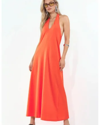 Rochie Midi  bumbac, guler halter, portocalie